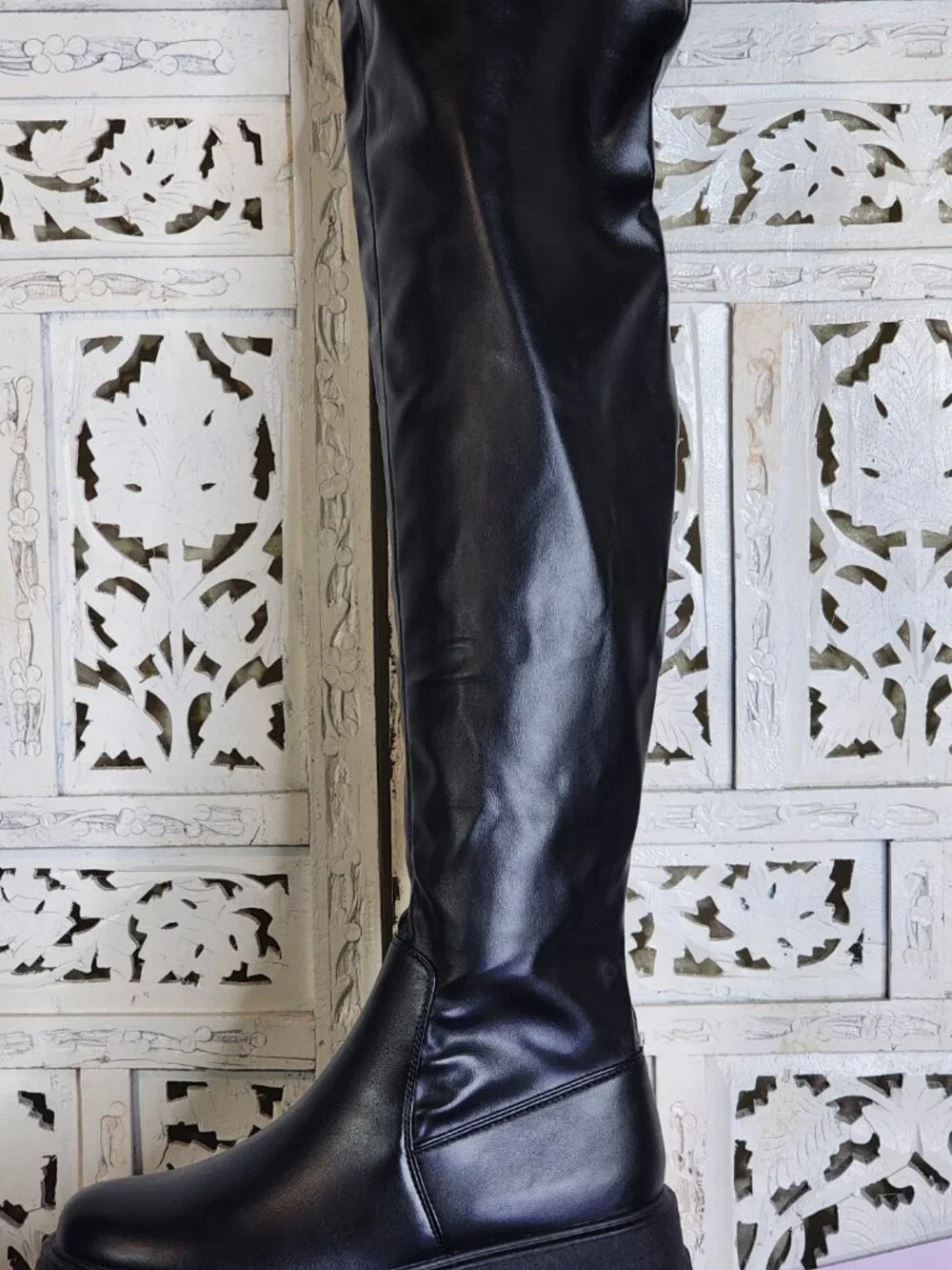Fashion Nova Black Chunky Sole Play It Off Over The Knee Faux Leather Boots 8.5